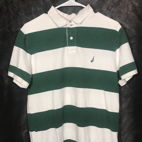 green and white striped polo
